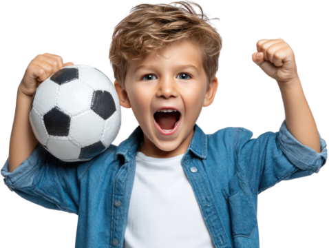Young Soccer Enthusiast: A spirited young boy, brimming with excitement, clutches a soccer ball, his face aglow with joy and anticipation. A symbol of playful, youthful passion for the beautiful game. - Powered by Adobe