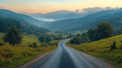 Naklejka premium Serene Sunset Drive Through Rolling Mountains