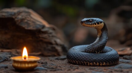 Fototapeta premium Serene Black Snake Coiled Near Flickering Candle in Natural Background