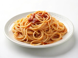 Spaghetti with rich tomato sauce and fresh basil leaves served on a white plate, showcasing a classic Italian dish.
