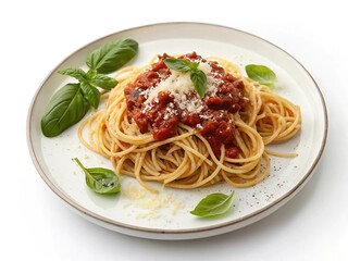 Spaghetti with rich tomato sauce and fresh basil leaves served on a white plate, showcasing a classic Italian dish.

