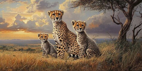 A mother cheetah and her cubs, sitting together in the savanna of Africa. The scene captures their family bond as they gaze at the camera with curiosity. 