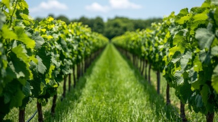 Naklejka premium Lush Vineyard Rows Under Clear Blue Sky with Bright Green Foliage and Vibrant Landscape