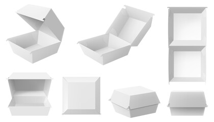Open and closed blank paper lunch box for hamburger, sandwich or other fastfood, isolated on white background. Realistic 3d Vector illustration , packaging template.