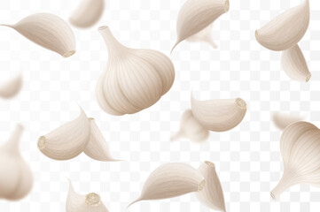 Falling garlic, isolated on transparent background, selective focus. Flying garlic cloves with blurry effect. Can be used for advertising, packaging, banner, poster. Realistic 3d vector illustration