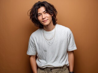 Obraz premium Stylish Asian Man Portrait: A young Asian man with long hair poses confidently in a casual setting.