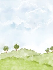 green field and blue sky with clouds