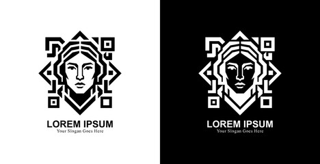 Woman head logo design with QR or barcode shape