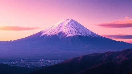 Fototapeta premium Majestic Mount Fuji at sunrise surrounded by soft pastel skies and tranquil landscapes in Japan
