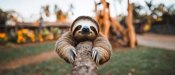 Obraz premium A sloth clings to a tree branch, its relaxed expression and fluffy fur contrasting with the blurred background of a tropical setting