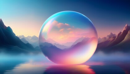 Surreal glass orb floating in colored fog with soft ambient lighting-
