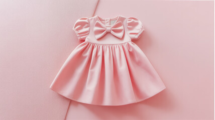 A soft pink baby dress photographed on a matching pink background.