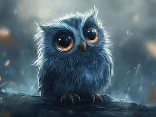 Adorable owl with big, captivating eyes perched on a branch against a soft, rainy backdrop.