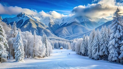 Serene winter wonderland with snow-covered trees and a serene ski slope at Roza Khutor resort in Russia , beautiful snow landscape, Russian Alps