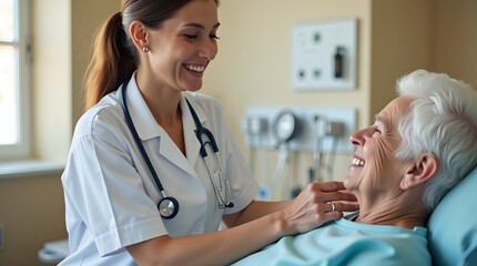 Obraz premium Caring female nurse joyfully attending to an elderly woman in a hospital room, radiating warmth and compassion.