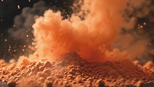 a captivating mix of bronze particles flying freely, colored sand swept away, fine powder veiling the scene, highlighting various textures and details