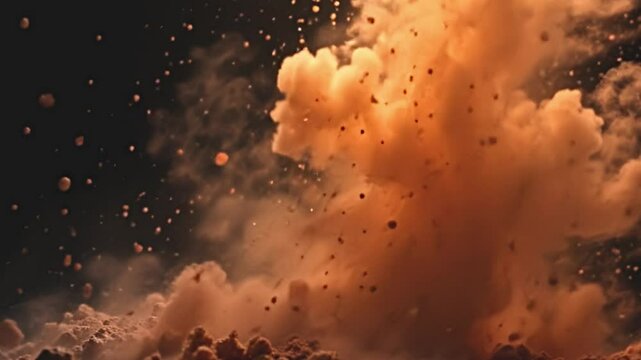 a captivating mix of bronze particles flying freely, colored sand swept away, fine powder veiling the scene, highlighting various textures and details