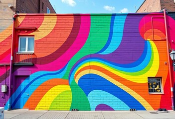 Vibrant rainbow-themed mural on a building's exterior, design, inclusive