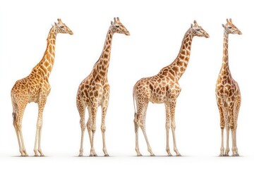 Obraz premium Giraffes in multiple positions isolated on white background comprehensive wildlife reference for anatomy, texture, and perspective
