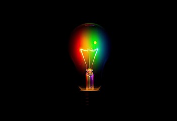 Vibrant rainbow light bulb, glowing intensely against dark background , space, light