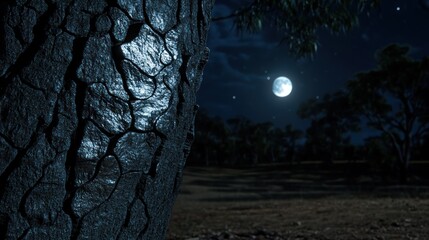 Close-up tree bark under a full moon