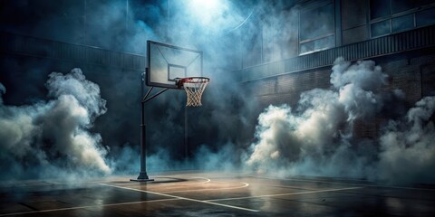 Abandoned basketball court shrouded in mysterious smoke and dimly lit by faint luminescence