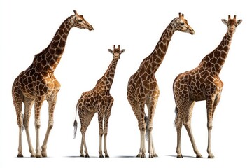 Obraz premium Giraffes in multiple positions isolated on white background comprehensive wildlife reference for anatomy, texture, and perspective