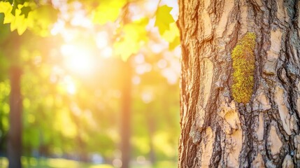 Obraz premium Sunlight filtering through trees, highlighting a textured tree trunk