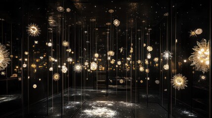 Obraz premium A dark, reflective space filled with glittering, suspended light fixtures