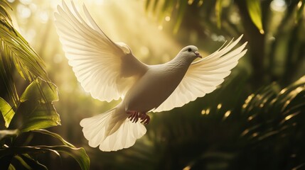 A Bird Soaring Through Sunlight In A Lush Forest