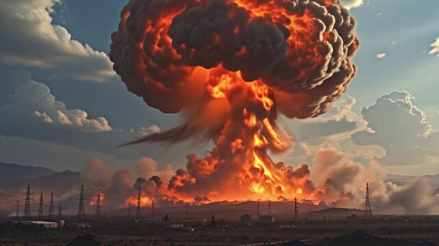 witness a realistic nuclear explosion scene, portraying a massive mushroom shaped blast. nuclear bomb explosion effect video animation