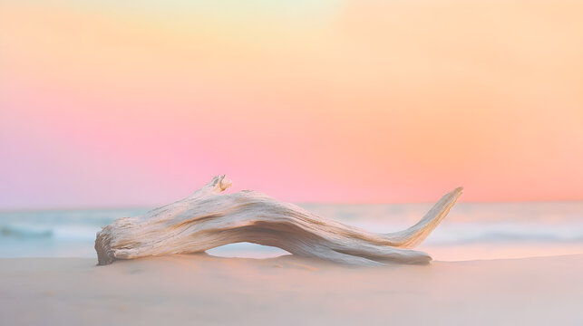 Driftwood on a sandy beach with a pastel sunset sky creating a serene and peaceful atmosphere
