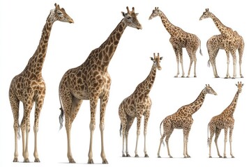 Obraz premium Giraffes in multiple positions isolated on white background comprehensive wildlife reference for anatomy, texture, and perspective