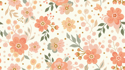 Delicate Floral Pattern in Peach and Cream Tones. A beautiful, repeating floral pattern, featuring soft peach and cream-colored flowers, delicate green leaves, and gold accents on a white background.