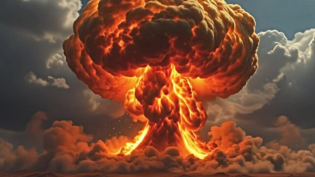 witness a realistic nuclear explosion scene, portraying a massive mushroom shaped blast. nuclear bomb explosion effect video animation