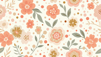 Delicate Floral Print Pattern on a White Background. A cheerful and whimsical floral print pattern, featuring various shades of coral, peach, and beige flowers and leaves.