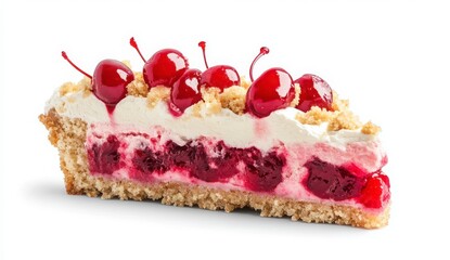 A Slice Of Cherry Pie With Creamy Filling And Crumble Topping On A White Background