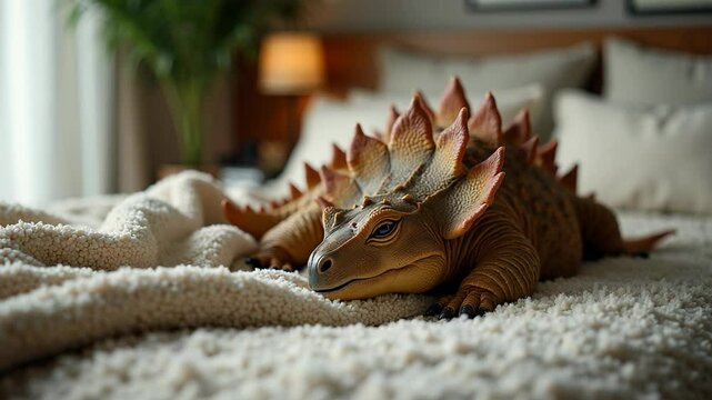 Ankylosaurus peacefully sleeps with soft breathing and cozy lighting in a serene bedroom environment