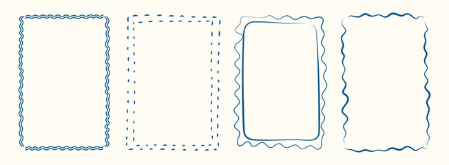 Whimsical hand drawn Italian postcard stamp set. Vintage Italy summer doodle border set. Minimal blue frames, mediterranean elements for menu, wedding, prints, invitation. Coastal Isolated Vector illu