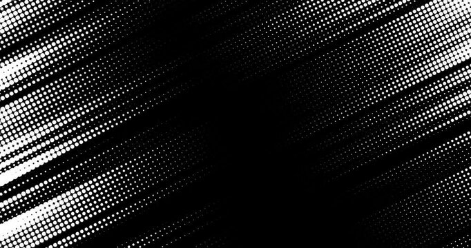 4k black and white tones halftone background. Dynamic circles dots fading diagonal over a dark backdrop. Modern sport abstract design. Loop animation. Animated texture of dots pattern. Dotted gradient