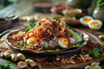 Colorful and Delicious Nasi Lemak with Shrimp, Eggs, and Spicy Sauce Served on a Traditional Plate Surrounded by Fresh Ingredients and Decorations in a Warm Setting
