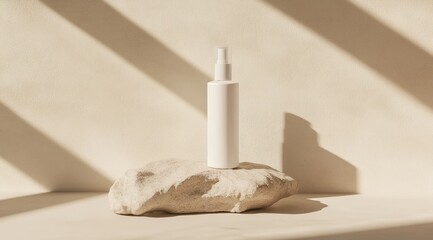 A minimalist image of a white cylindrical spray bottle atop a light beige rock, bathed in sunlight casting diagonal shadows on a pale background