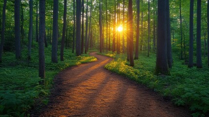 Obraz premium Sunset Path in a Lush Forest