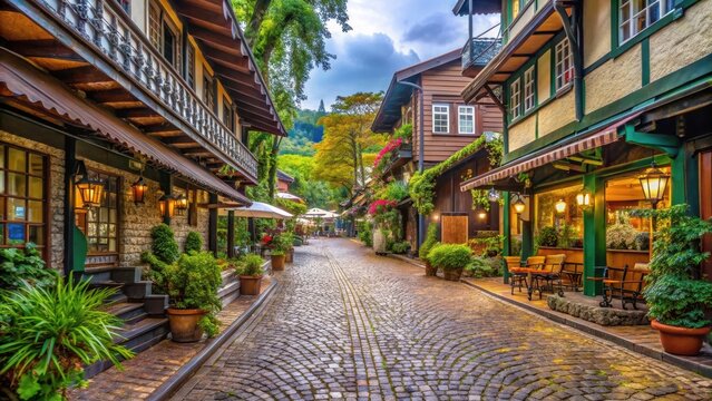 cobblestone street lined with picturesque shops and cafes under a shaded walkway above Rua Coberta in Gramado RS , street, architecture
