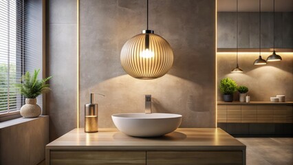 Soft glow of a pendant lamp above a modern bathroom sink, decorative lighting