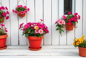 Vibrant potted flowers on whitewashed wood, ample copy space, store, ecommerce