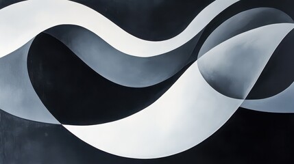 Abstract painting featuring flowing white and gray ribbons on a black and gray background art piece