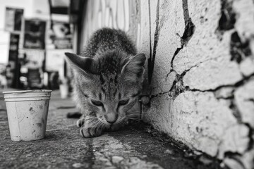 Stray Cat in Urban Setting Exploring Cracked Pavement with Empty White Cup Nearby in Black and White Photography Highlighting Feline Curiosity and Street Life