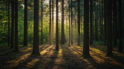 Fototapeta premium Sunlight filters through tall trees in a tranquil forest during early morning hours