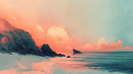 Coastal landscape with rocky cliffs and ocean under a pastel sky with clouds at sunset